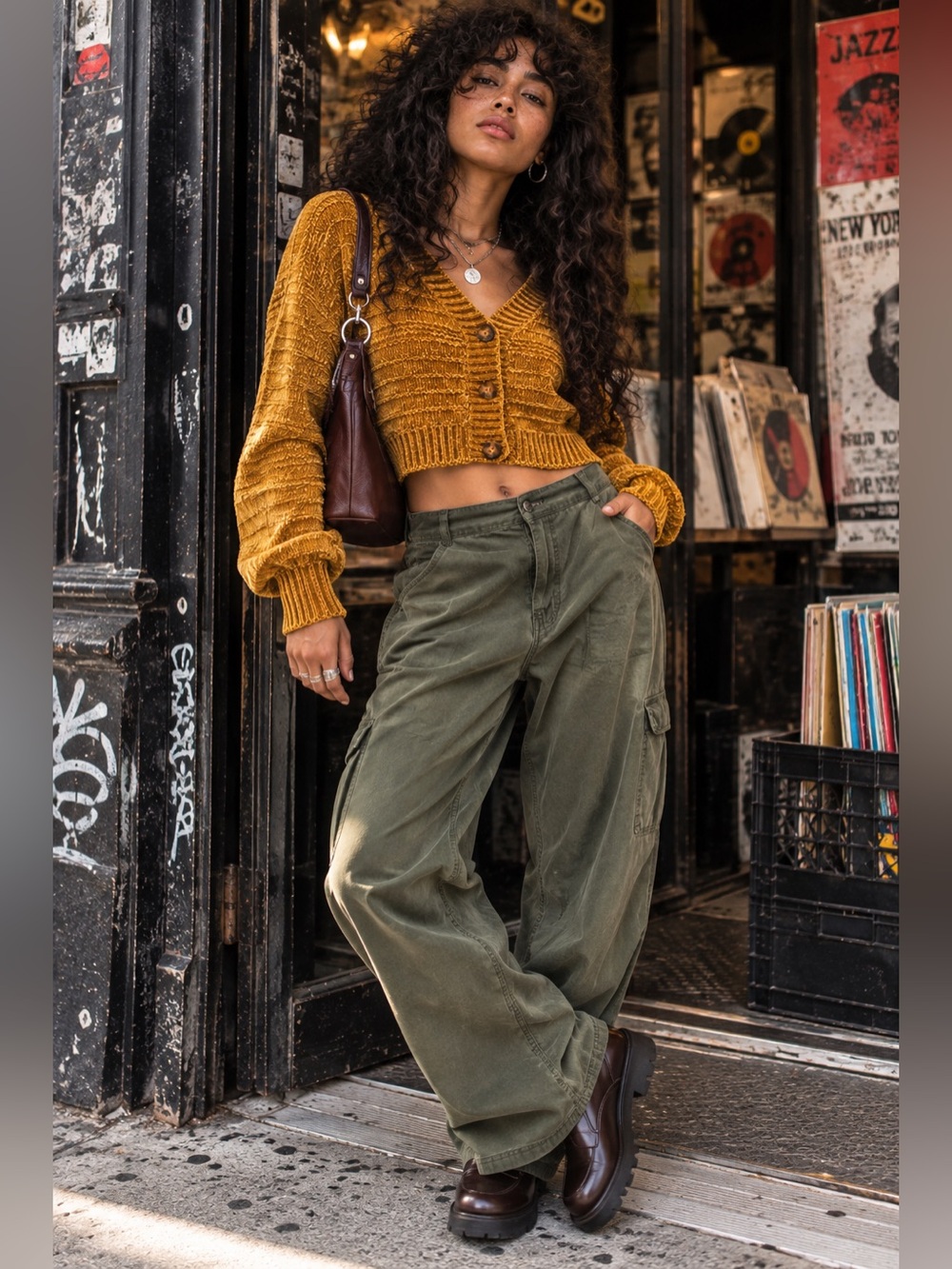 Y2K Gold Brown Chenille Cropped Cardigan Balloon Sleeve Sweater L Forever 21